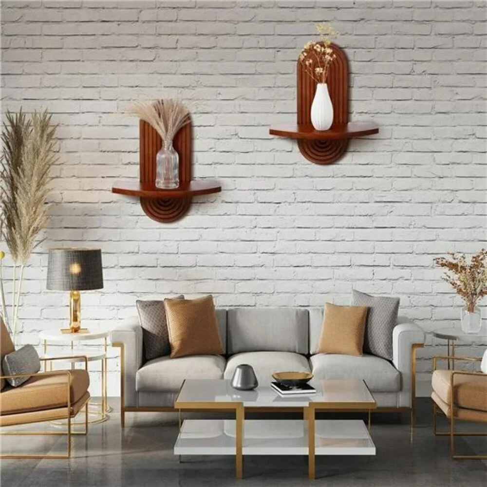 Set of 2 Boho Arched Wooden Wall Shelves Walnut Hanging Floating Rainbow Decor